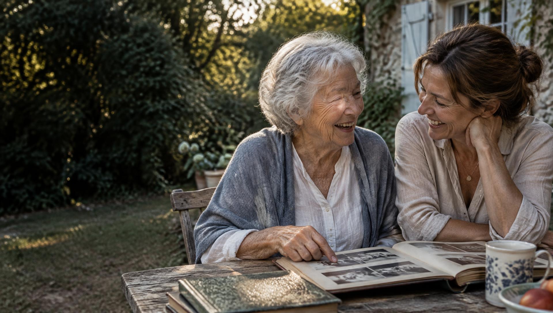 An older mother and her adult daughter sharing family stories over a photo album.